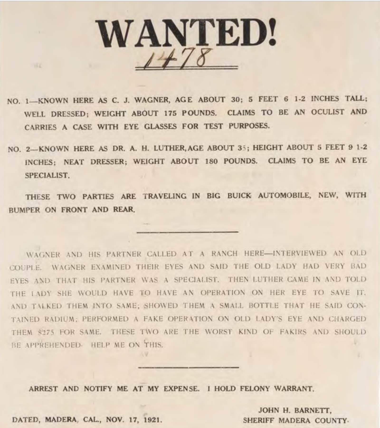 Wanted! No. 1 - Known Here as C.J. Wagner