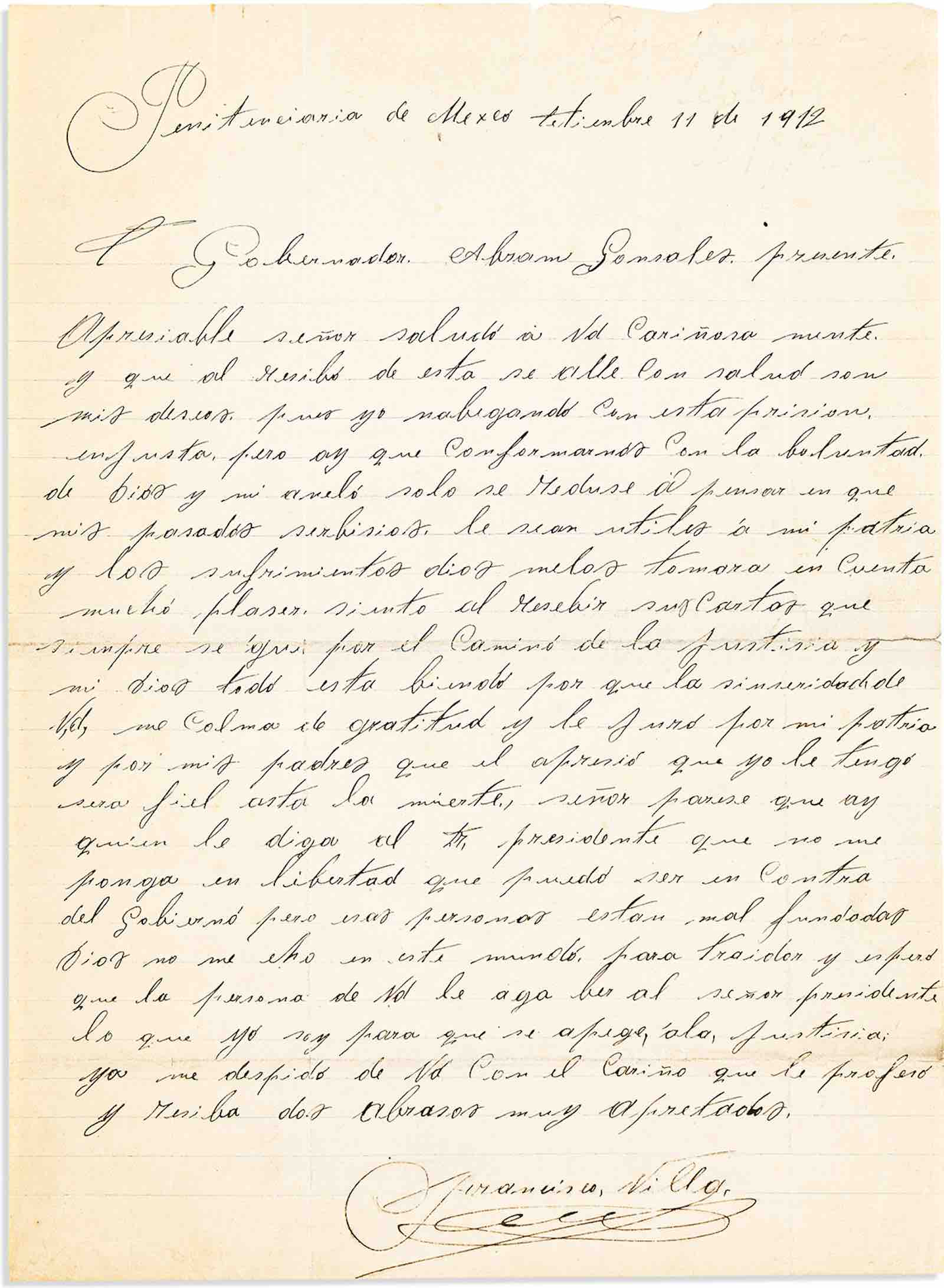Lot 9: Poncho Villa, Autograph Letter Signed, to Chiihuahua Governor Abraham González in Spanish, 1912. Estimate $7,000 to $10,000.