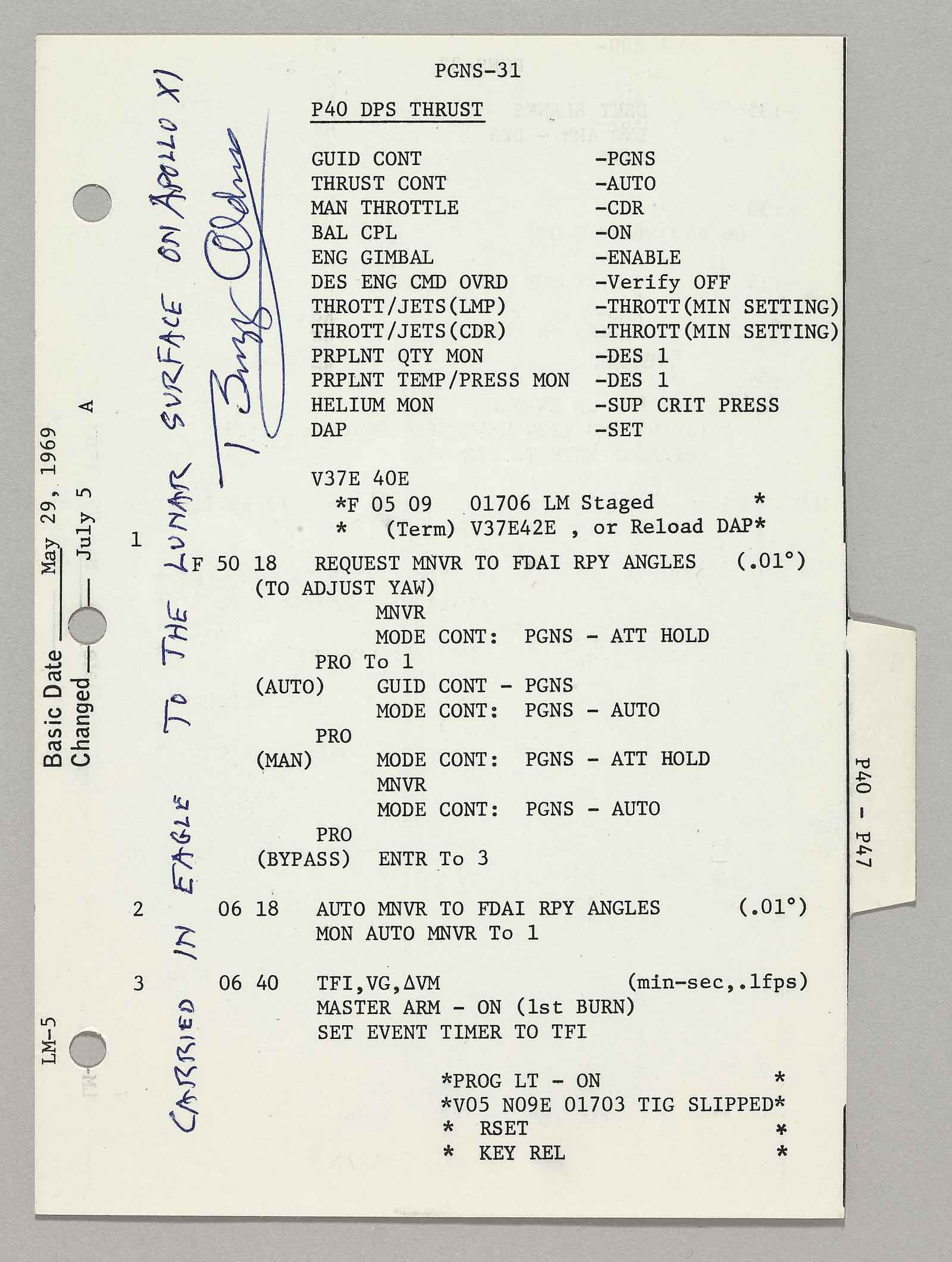 Apollo 11 lunar surface-flown PGNS sheet