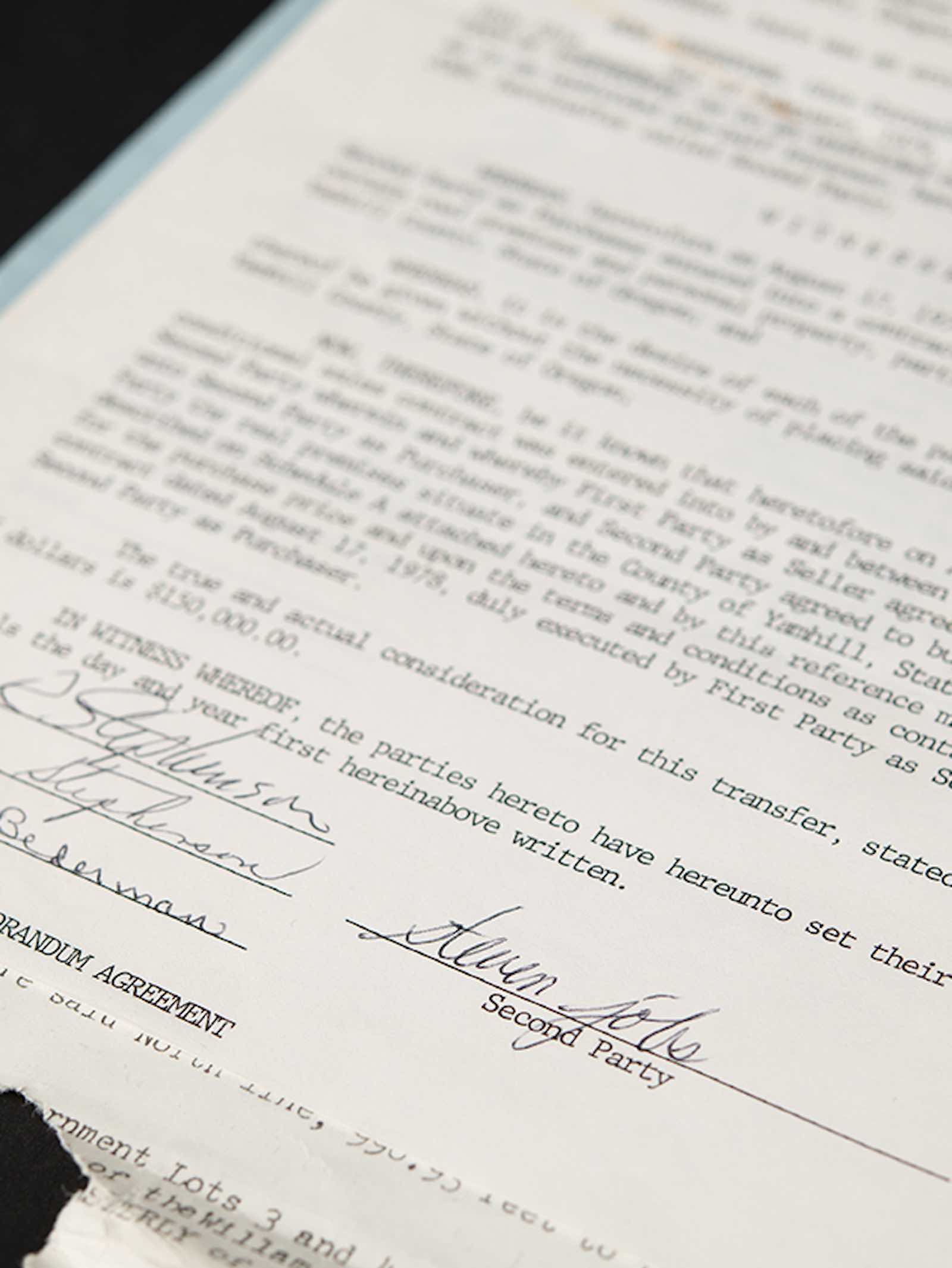 Steve Jobs's signed real estate document for Yamhill County, Oregon (Home to the Original' Apple' Orchard)