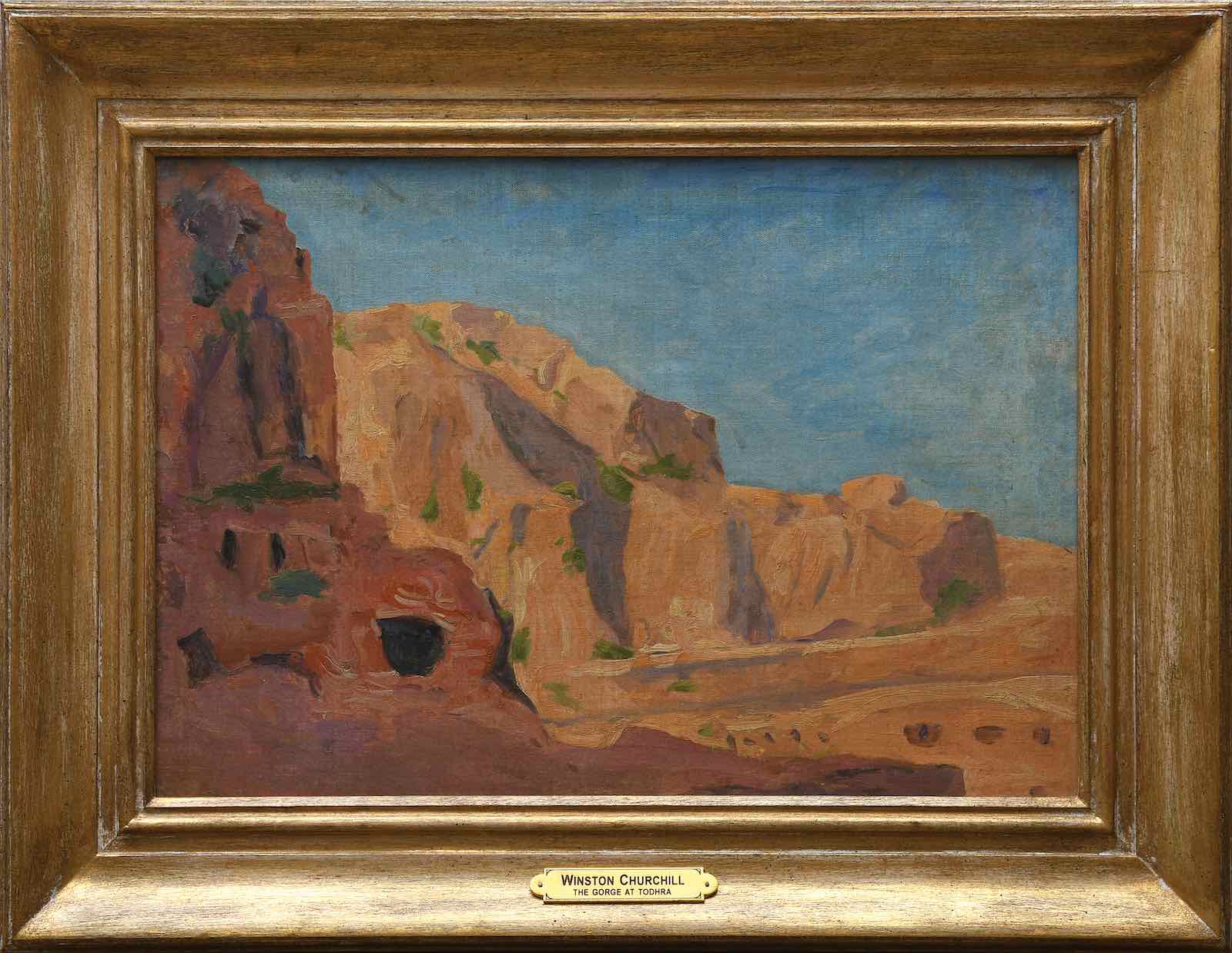 An evocative oil study of The Entrance to the Gorge at Todhra, Morocco, painted by Churchill in the winter of 1935-36. Churchill was a keen artist, first taking up the brush in 1915 and continuing till the end of his days. What started as a form of post-Admiralty therapy – "If it weren’t for painting, I could not live; I could not bear the strain of things", he said – quickly turned into a lifelong passion