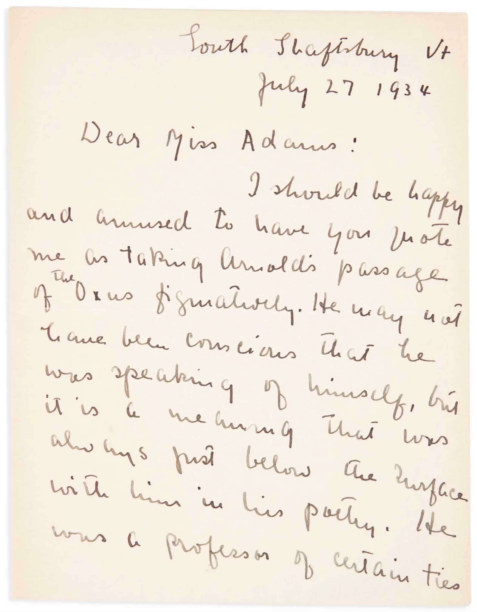 Robert Frost letter July 27, 1934, on the poetry and prose  Matthew Arnold