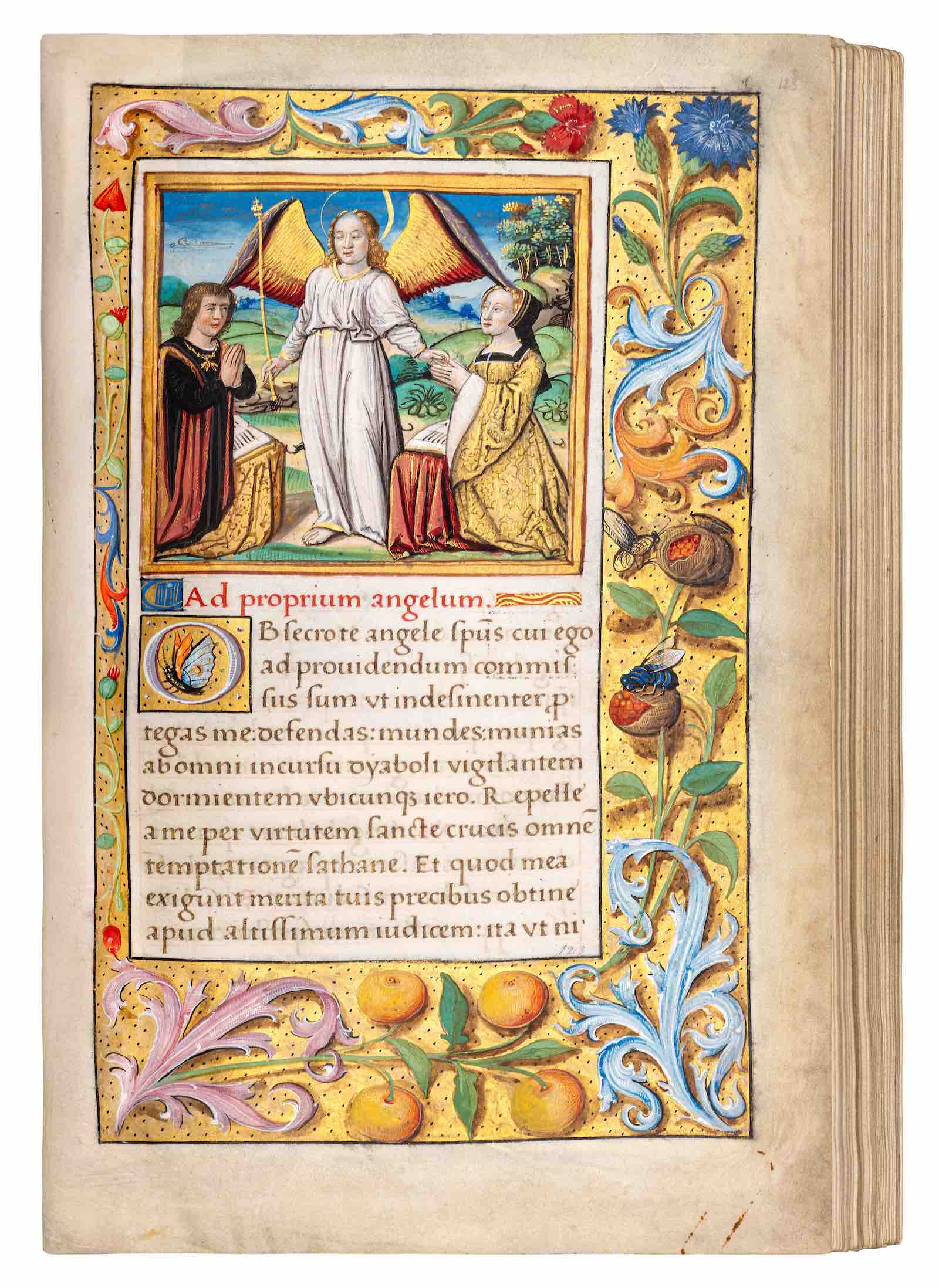 The Hours of Catherine of Aragon, Book of Hours for the use of Sarum. Manuscript in Latin on vellum, illuminated by Jean Pichore and his workshop. France, Paris, c. 1509, . Miniature depicting Catherine of Aragon and Henry VIII kneeling before a guardian angel.