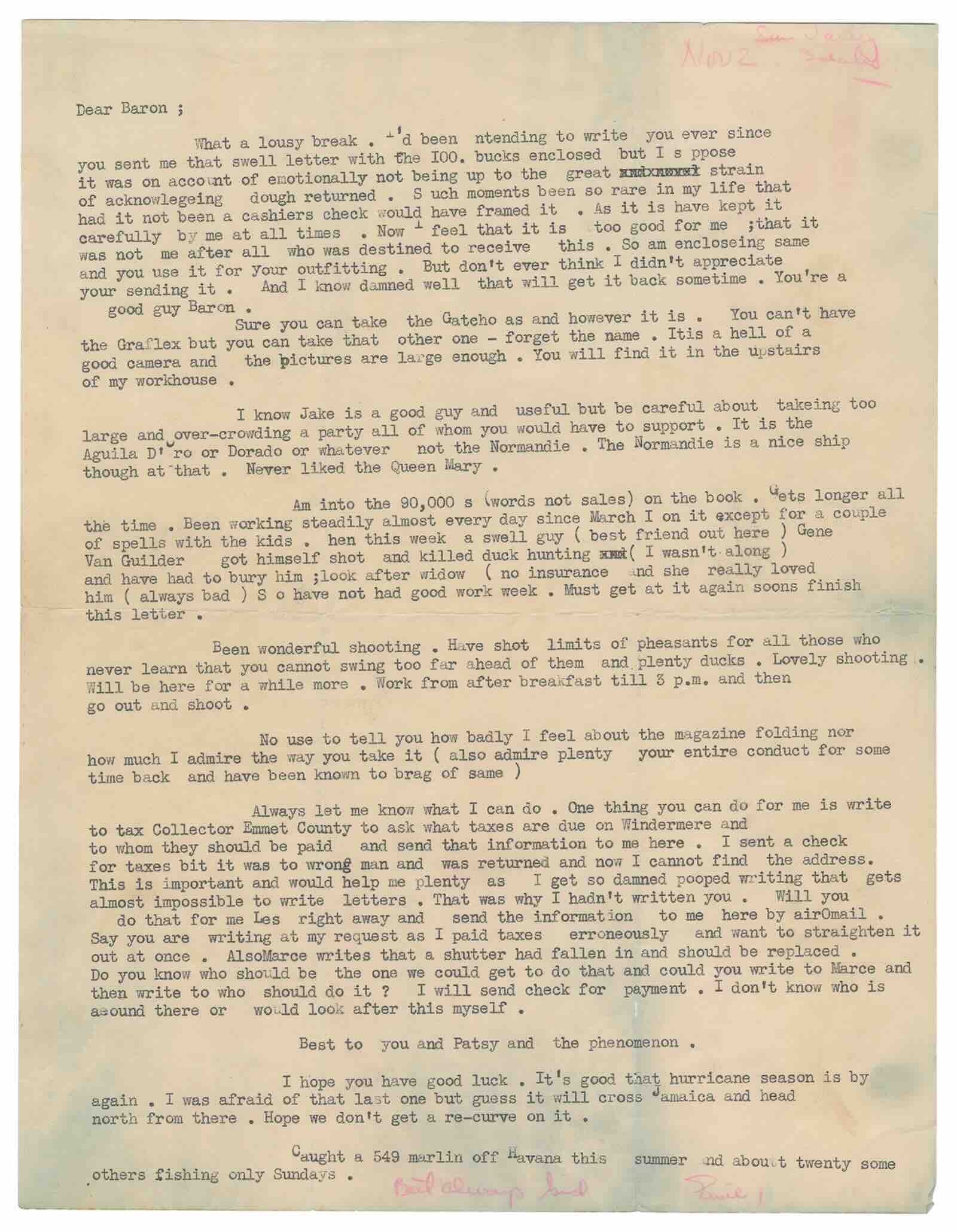 Typed letter signed to his brother Leicester (nicknamed “Baron”)