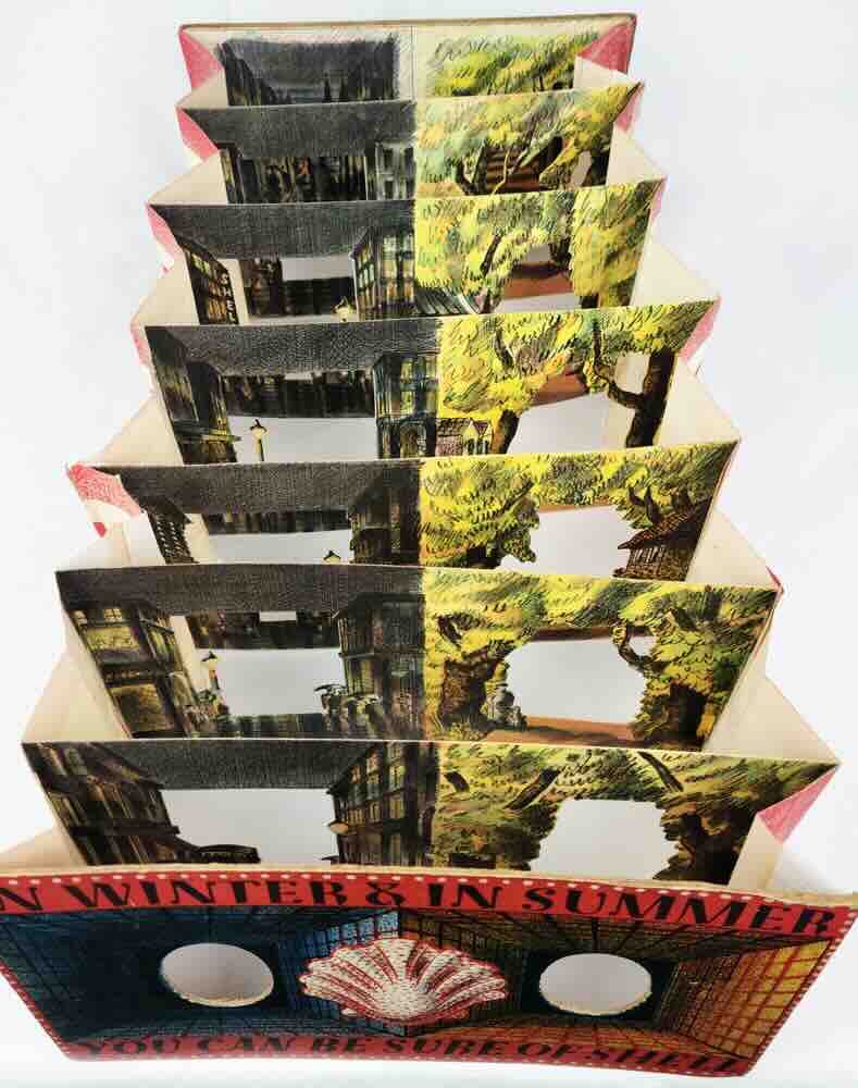 The Barnett Freedman  seven-panel peepshow In Winter &amp; In Summer You Can Be Sure of Shell, inclusive of image at rear board, a clever and elaborate advertising campaign for Shell Oil with two separate viewing holes. One guides the viewer down a rainy nighttime street in London, and the other through a day's jaunt in the country.