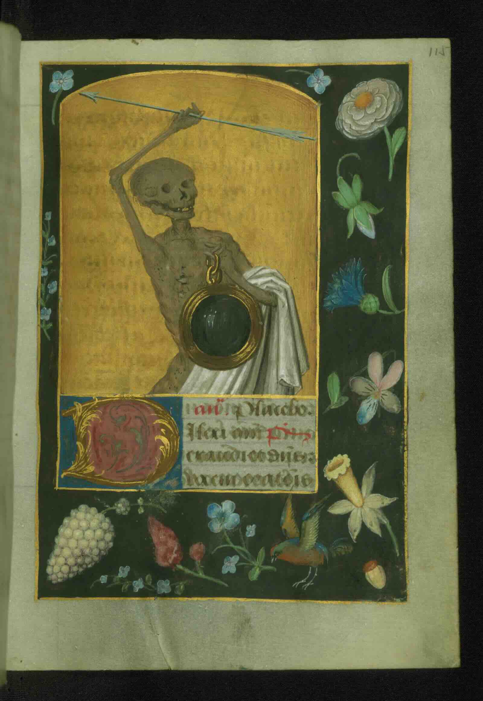 Death Holding an Arrow and Mirror,  Book of Hours, Belgium (Flanders, Mons region), ca. 1490–1500. Ink, paint, and gold on parchment.