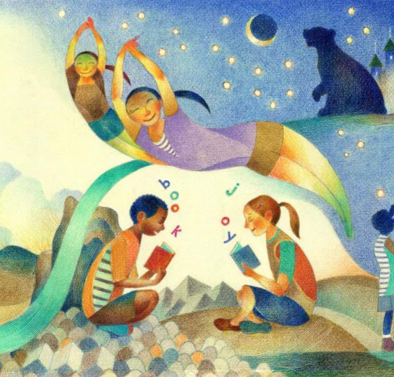 Raúl Colón, “We can read, you and I, see letters become words and words become books we hold in our hands.” Bookjoy, Wordjoy, 2018. Author: Pat Mora. Final illustration, as published. Watercolor, colored pencils, and lithograph pencils on watercolor paper. 