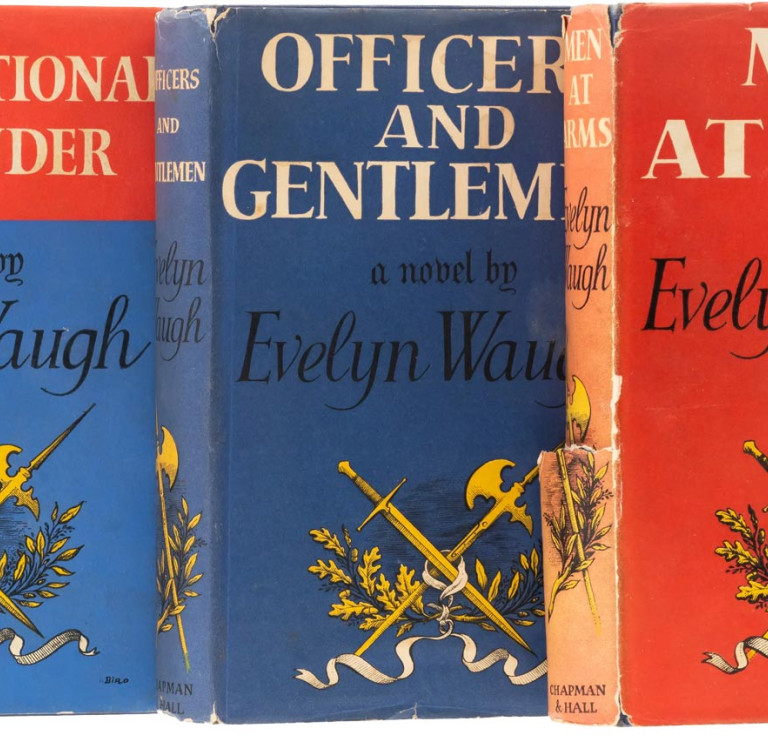 Front covers of Evelyn Waugh books "Unconditional Surrender," "Officers and Gentlemen," "Men at Arms".