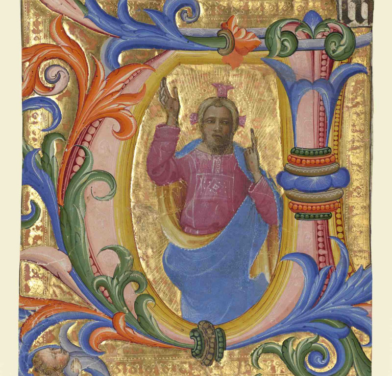 Initial V: Christ Blessing, cutting from a gradual, 1423 – 1424, by Lorenzo Monaco (Italian, about 1370 – 1423).  Tempera colors and gold.