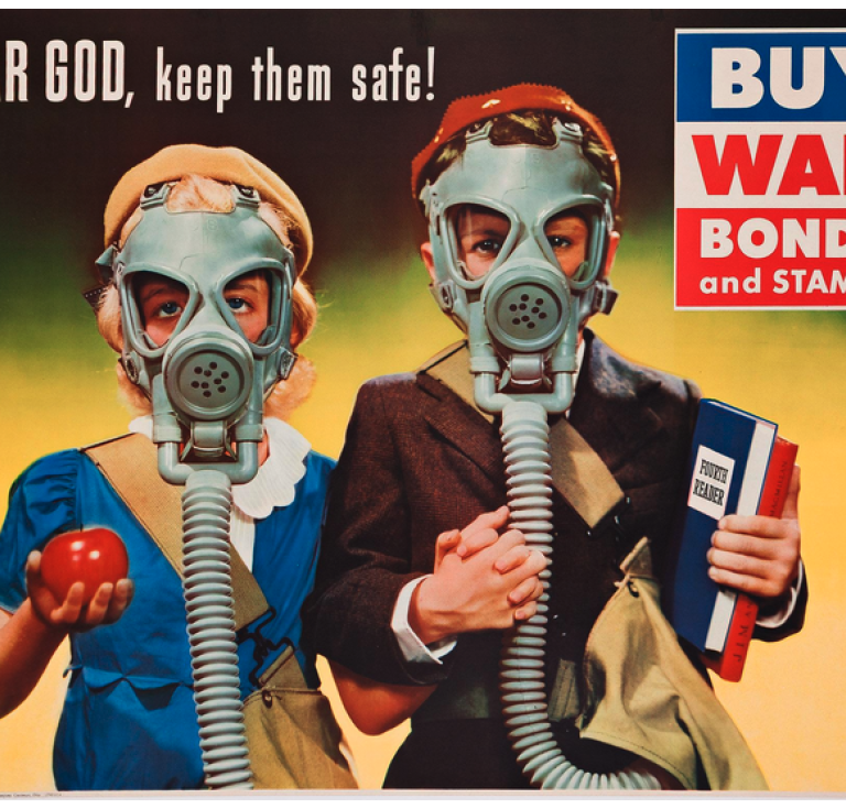 1942 war bonds poster issued by Kroger, featuring two small children in gas masks