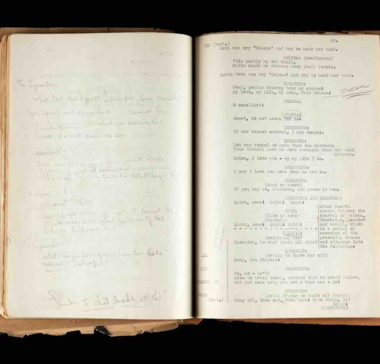 Olivia de Havilland’s shooting script for A Midsummer Night’s Dream with her handwritten annotations, ca. 1935