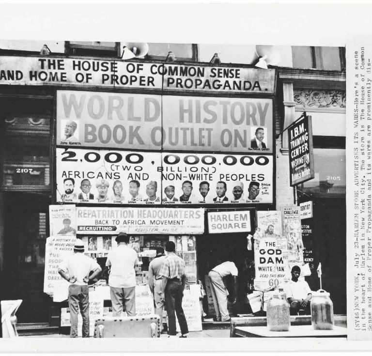 The March 19 auction includes this exterior wire photograph view of Lewis Michaux's African National Memorial Bookstore, a Harlem institution from 1932 to 1974 (New York, July 23, 1964)